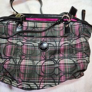 Coach Pink and Black Plaid Shoulder Bag with Leather Trim